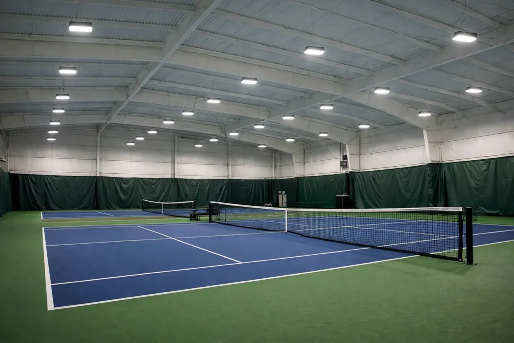 Indoor tennis court with LED high bay lighting fixtures providing uniform, glare-free illumination across blue playing surface and green surrounds.