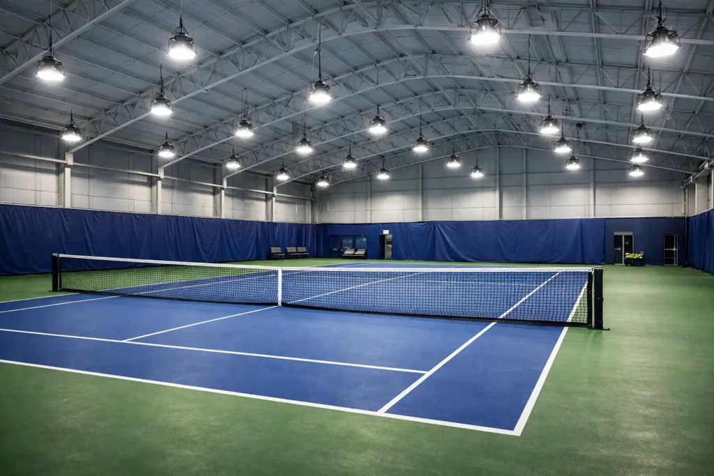 Indoor tennis court LED lighting with high bay fixtures providing uniform illumination