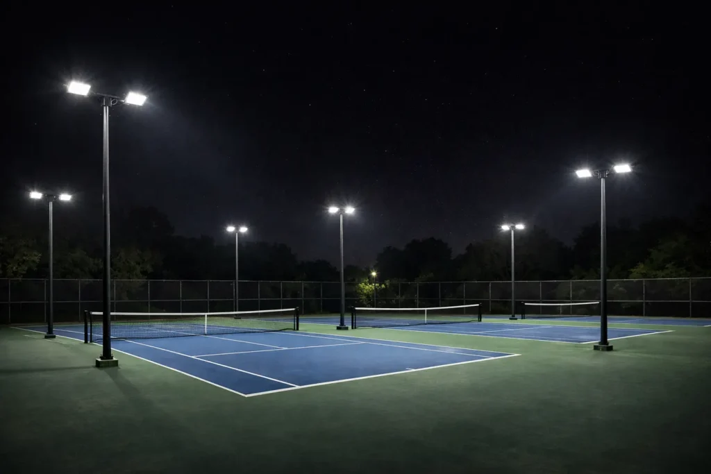 Outdoor tennis court lighting with pole-mounted LED sports lights for night play